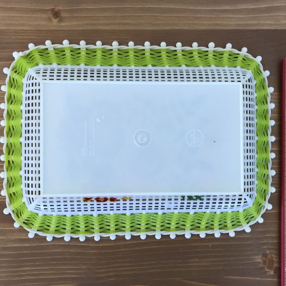 Vtg Mid Century Modern Plastona Green Floral Plastic Basket 11-1/2" Tray Greece - Picture 4 of 5